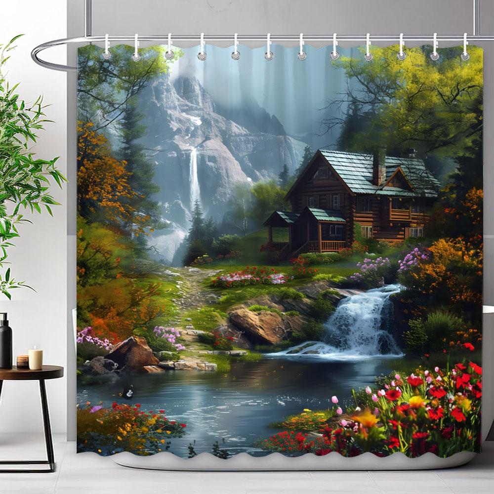 Mediterraner Wald Wasserfall Naturlandschaft Duschvorhang Polyesterstoff Waschbar Badvorhang Badezimmer Dekoration Mit Haken