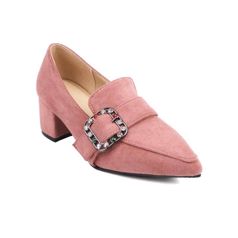

FOREADA Women Loafers Pumps Pointed Toe Chunky Mid Heels Buckle Crystal Ladies Fashion Career Shoes Spring Autumn Black Pink 45 39 розовый