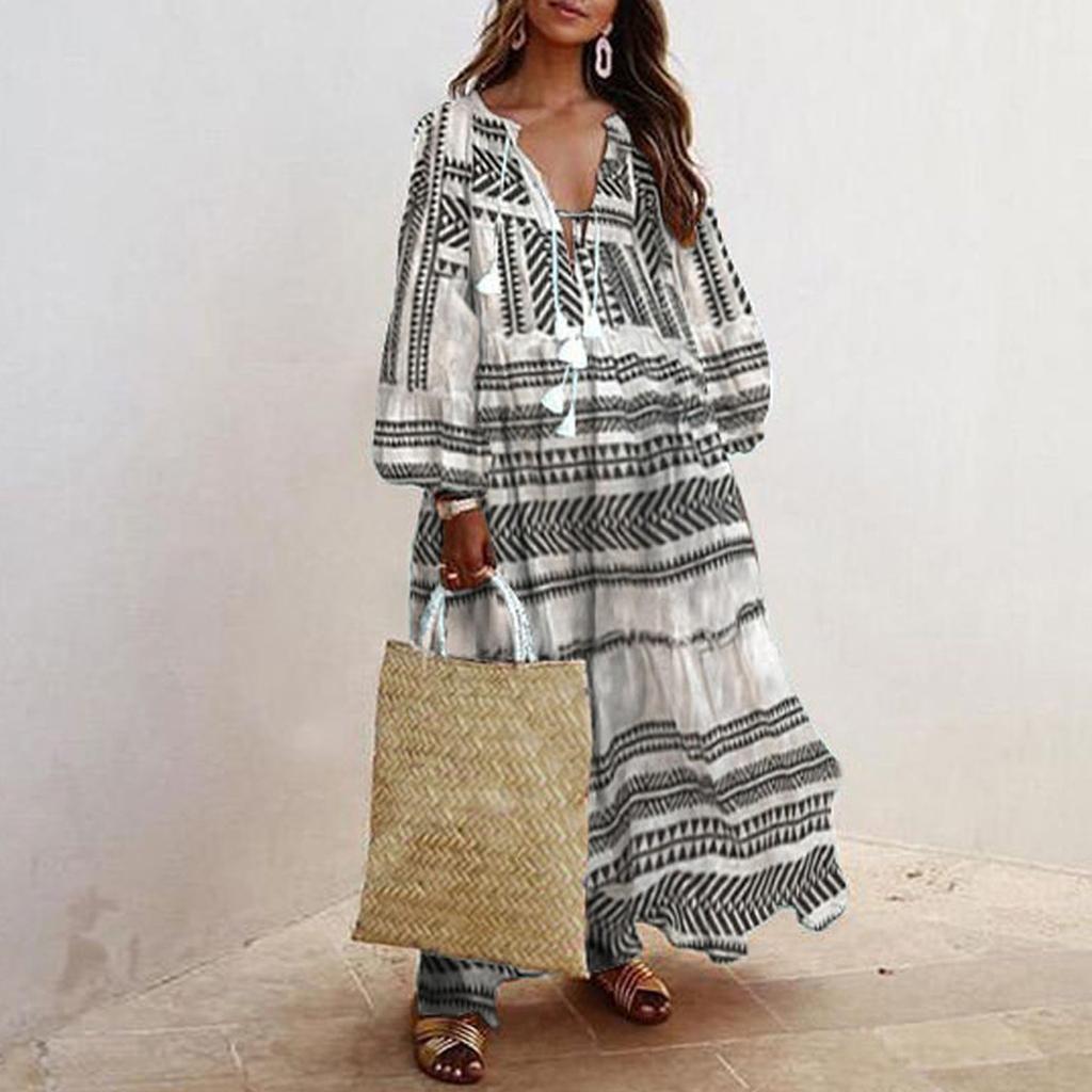 Women's Fashion Casual Bohemian Style V-Neck Long Sleeve Long Dresses Dresses