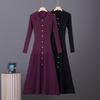 2026 Autumn Winter New Arrival Solid Turn Down Collar Long Sleeve Single-Breasted Slim Knit Dress for Women