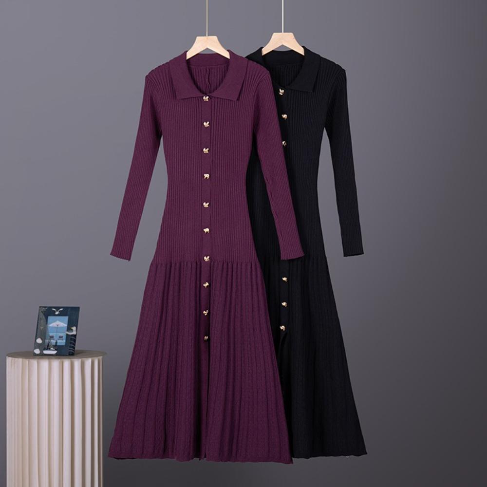 2026 Autumn Winter New Arrival Solid Turn Down Collar Long Sleeve Single-Breasted Slim Knit Dress for Women