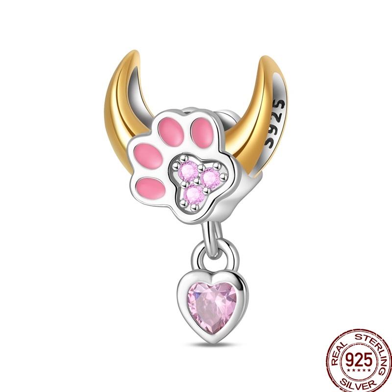 100%Stering Copper Cute Pet Charms Beads Dog Cat Moon Pendant Fit Original 3Mm Bracelet Diy For Women Jewelry