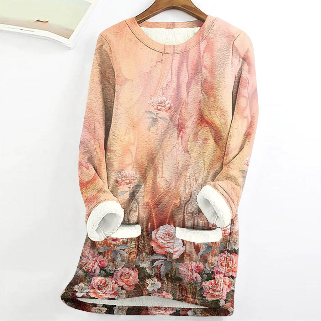 Dámský top s kulatým výstřihem s potiskem, zahuštěný plyšový kašmírový hřejivý dlouhý top