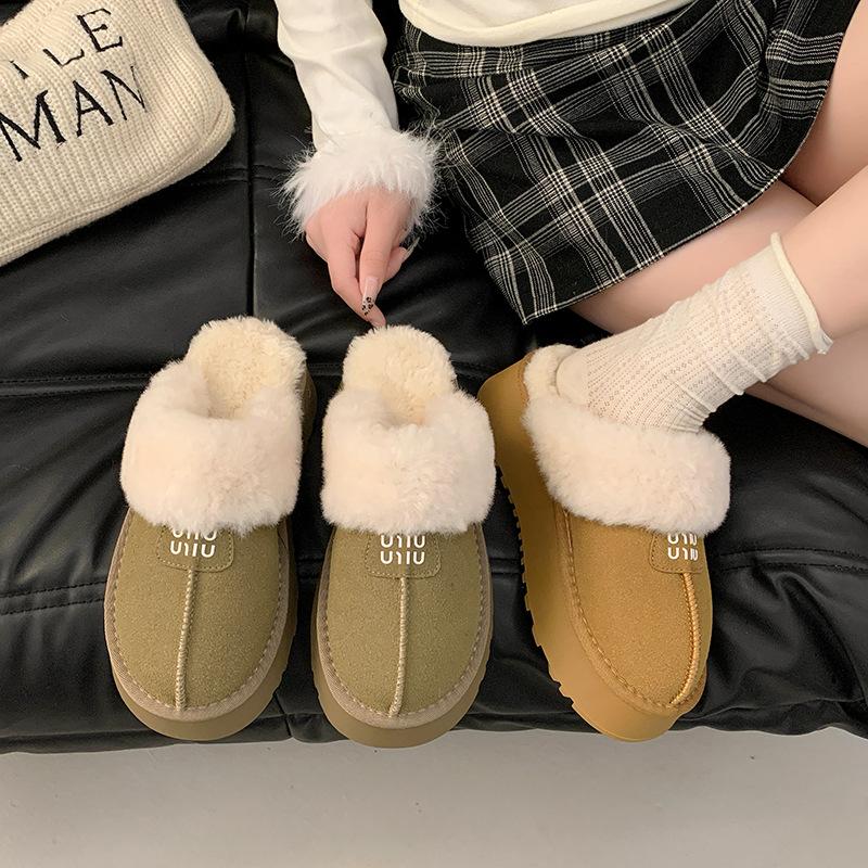 Women's soft bottom large size thickened winter warm fur one padded lining ankle boots non-slip Baotou cotton fur slippers