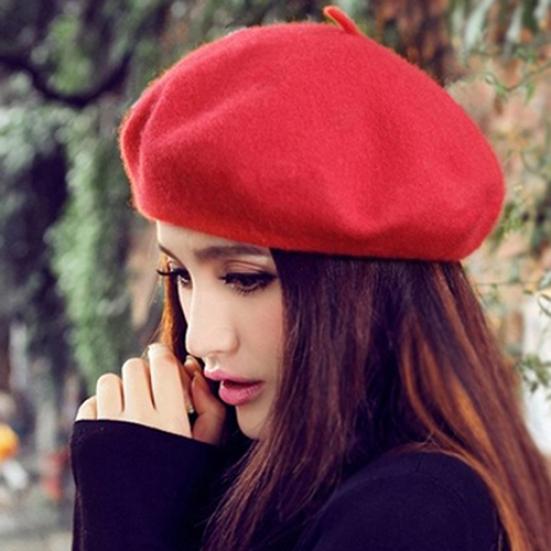 Damen Klassischer Wollfilz Warm Französische Baskenmütze Mütze Einzelfarbe Süße Mini-Kappe