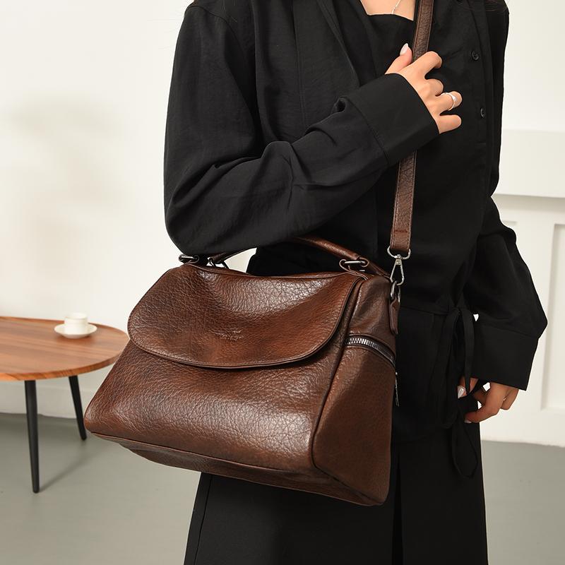 Vintage Soft Leather Handbag For Women Small Capacity Multi-Pocket Tote Bag 3-Way Convertible Shoulder Crossbody Bag, Casual Daily Commuter Hobo Bag