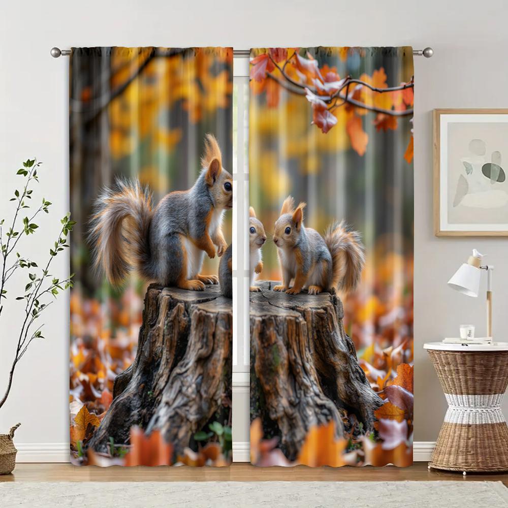 

Set Of 2 Filtering Curtains Excluding Rods Non Movable Without Batteries Animal Theme Squirrel Use Bedrooms Living Curtain For Bedroom Decor Made W100*H70(CM)-Hooks&1PCS