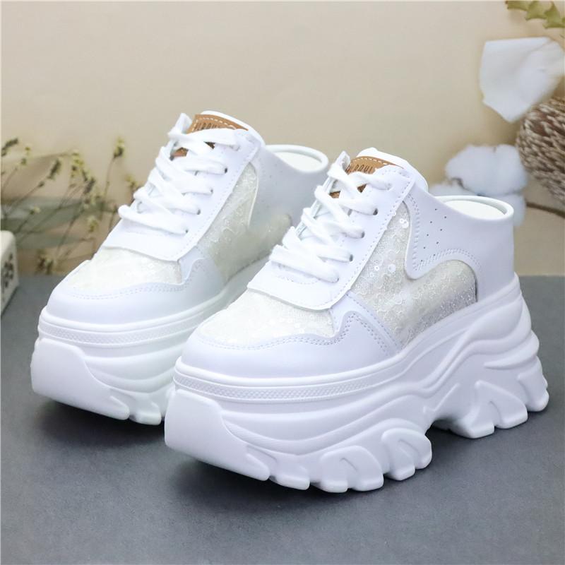 Fashion 10CM 12CM Platform Wedge Women Shoes Mules Genuine Leather Hidden Heel Women Summer Shoes Slides Sandals Slippers Spring Autumn