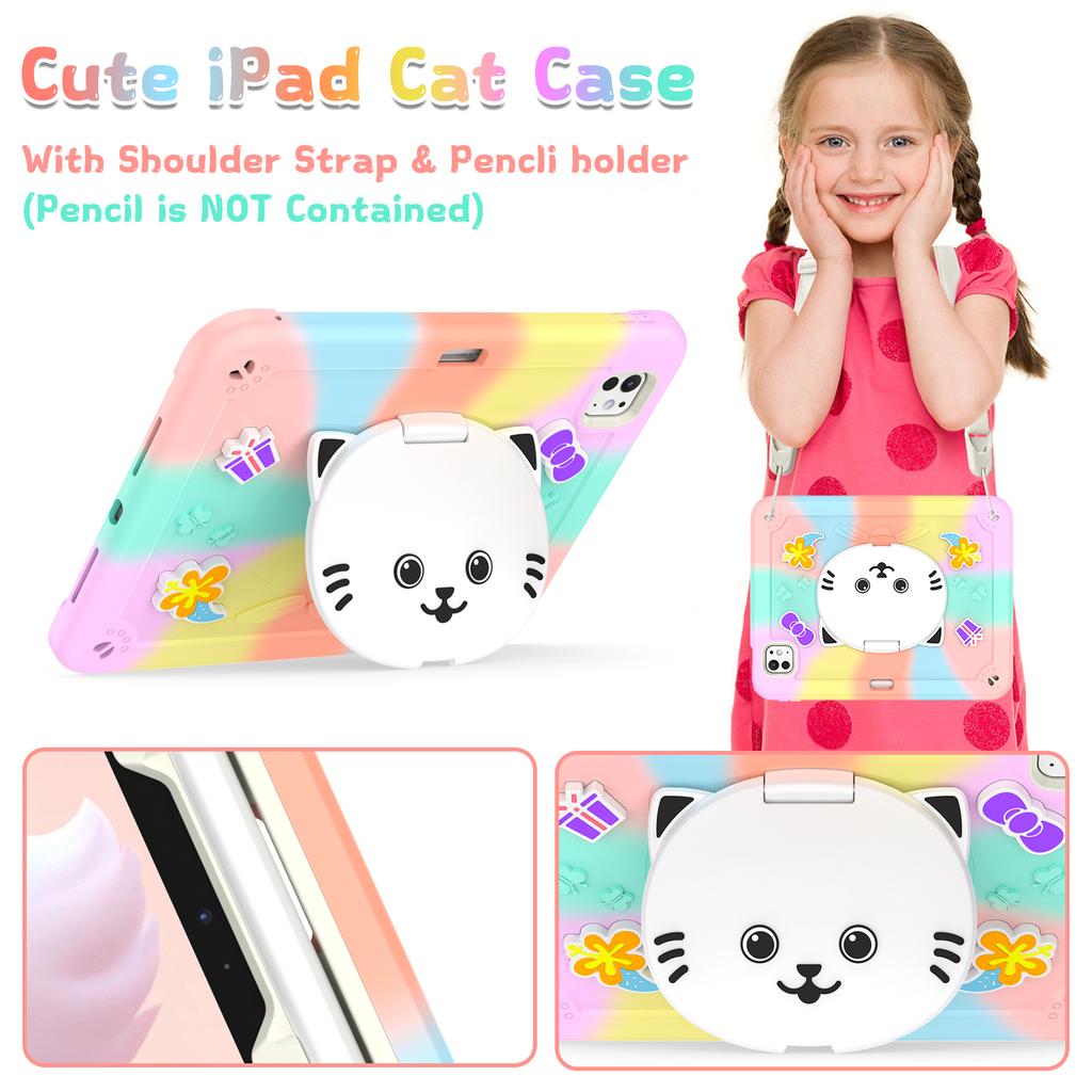 For iPad Pro 11 (2025)/11 (2024) Case with Cat Kickstand PC + Silicone Colorful Tablet Cover