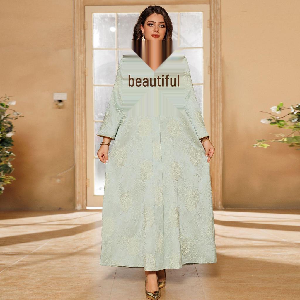 AB402 V-Neck Jacquard Beaded Dubai Dress - Women's Middle Eastern Muslim Robe