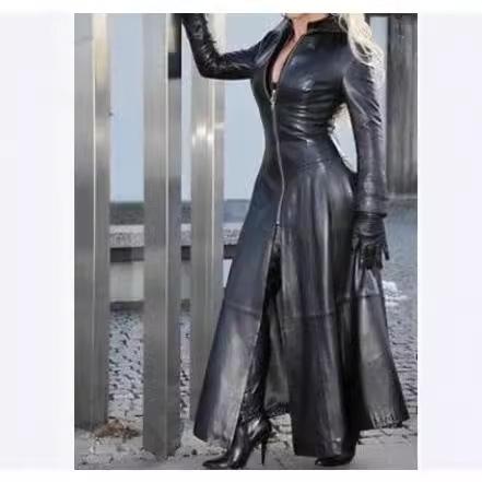 Women's Long PU Leather Coat Zip Up Stand Collar Slim Fit Long Sleeve Maxi Jacket Oversized Winter Streetwear