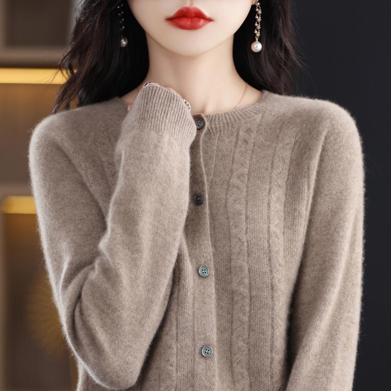 Women's Spring Cashmere Cardigan - Round Neck, Solid Color, Cable Knit, Loose Fit, 100% Pure Wool Sweater