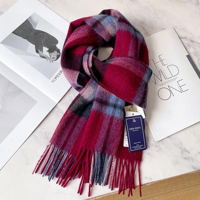 Camel brown 100 pure wool plaid scarf khaki women's winter thickened warm fringed shawl scarf