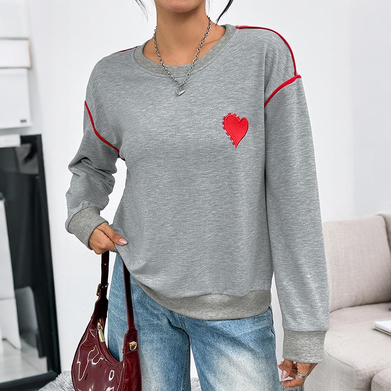 Heart Embroidered Korean-Style Loose Hoodie for Women - Long Drop Shoulder Sleeves, Round Neck, Autumn/Winter Fashion.