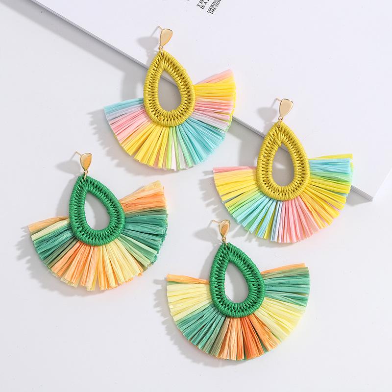 2019 Korean-Japanese Style Raffia Tassel Stud Earrings for Women