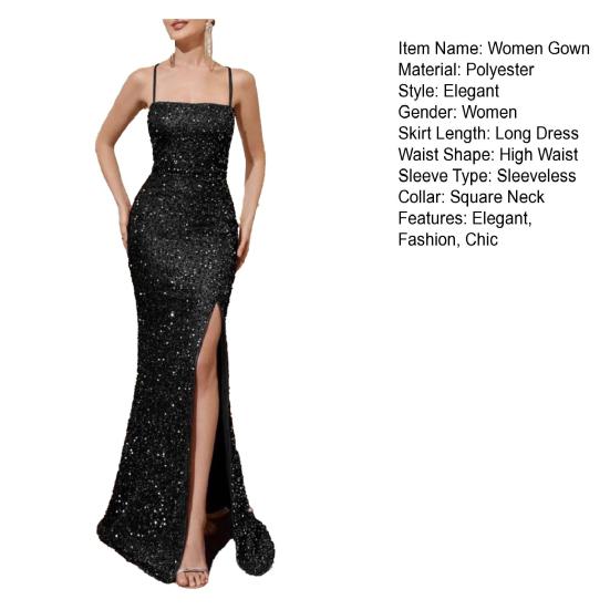Women's Sparkly Sequin Long Formal Dress Square Neck Backless Split Mermaid Prom Dress Spaghetti Strap Evening Party Gown