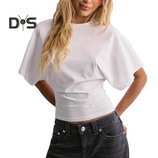 Dámské jednobarevné tričko s kulatým výstřihem Prodyšný ležérní top Letní pulovr s krátkým rukávem na práci, pro každodenní nošení, na večírky