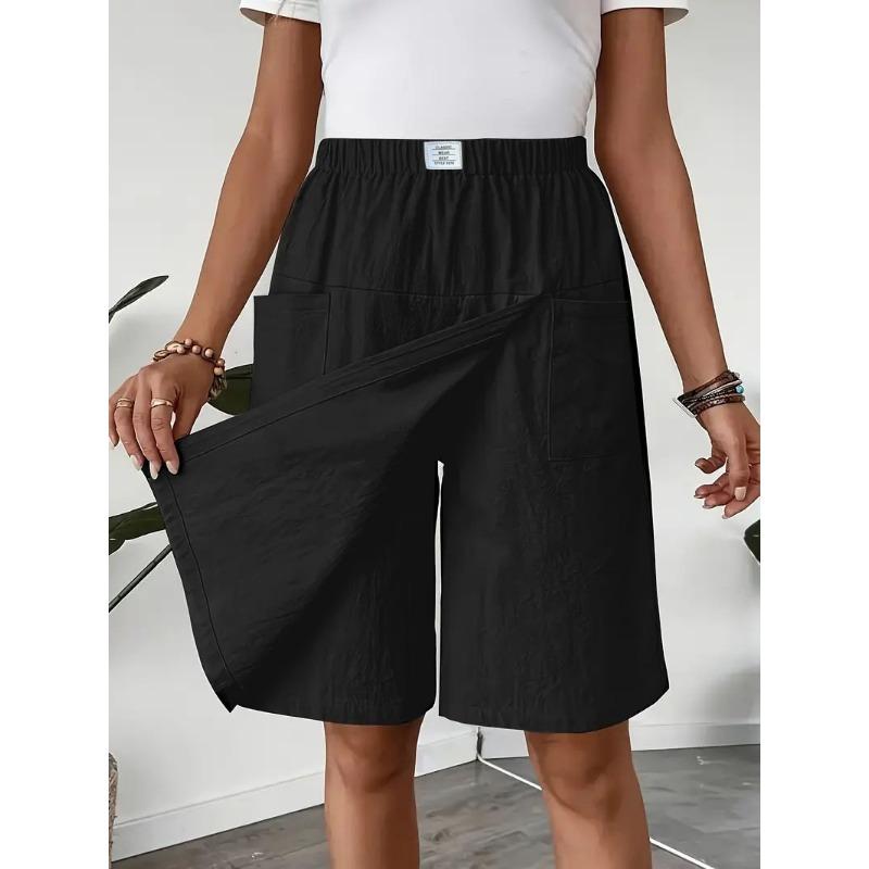 Summer Women's Pockets Casual Shorts Skirts Fashion Loose Shorts Casual Simple Solid Color Straight Leg Short Pants Vintage Simple Short Trousers