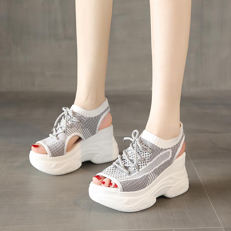 Dámské letní tenisky Vyduté sandály Šněrovací látkové sandály Venkovní dámská obuv Klínový podpatek Rybí tlama Dámská obuv Zapatos