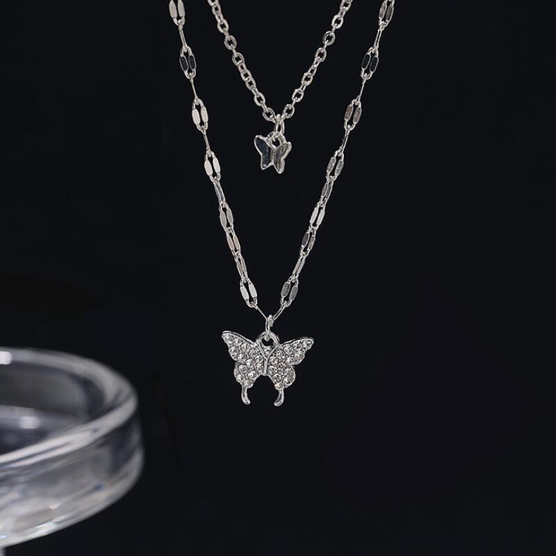 Korean New Sweet Double Chain Pendant Necklace For Women Girls Trendy Female Jewelry For Party Fashion Women Butterfly Necklace