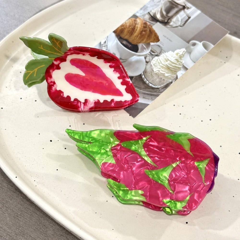 Acrylic Hair Claw Dragon Fruit Design Shark Hair Clip Cute Fruit Print Hair Claw Casual Occasion