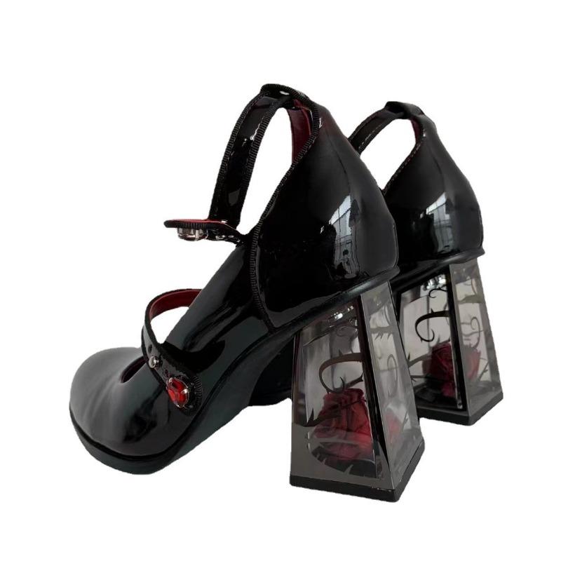 New Large Size Rose Thick Heel High Heels Mary Jane Shoes Retro Single Shoes Women