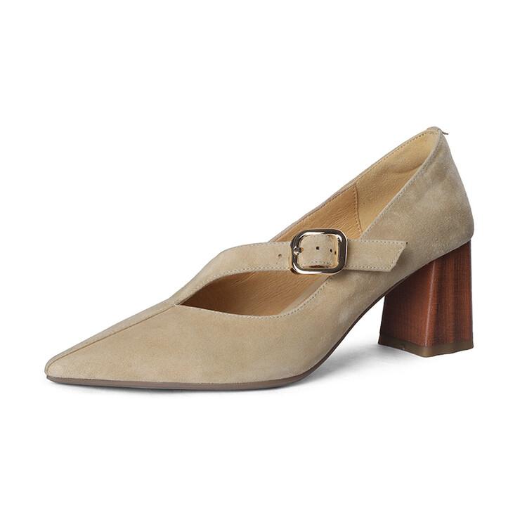 Fashion 2025 Spring Women Shoes Pointed Toe Chunky Heel Women Pumps Sheep Suede High Heels Belt Buckle Shoes for Women zapatos de mujer