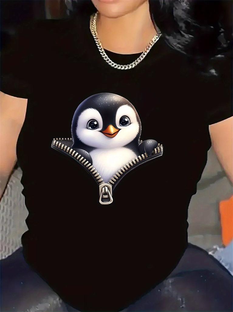 Tričko s krátkým rukávem s designem tučňáka | Odolné, Pohodlný střih, Stylový detail se zipem, Ideální pro běžné nošení