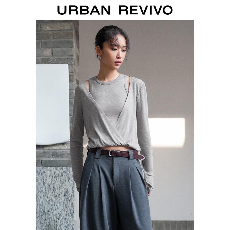 UR 2025 Spring Women's Spliced Fake Two-Piece Long Sleeve T-Shirt