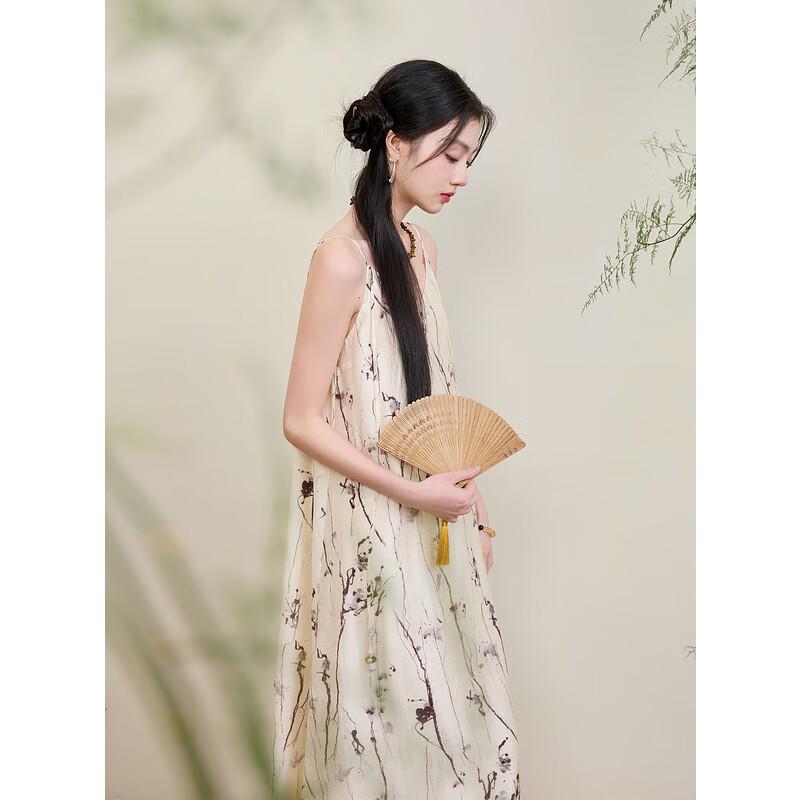 Sancai New Chinese Style Jacquard Strappy A-Line Long Dress S