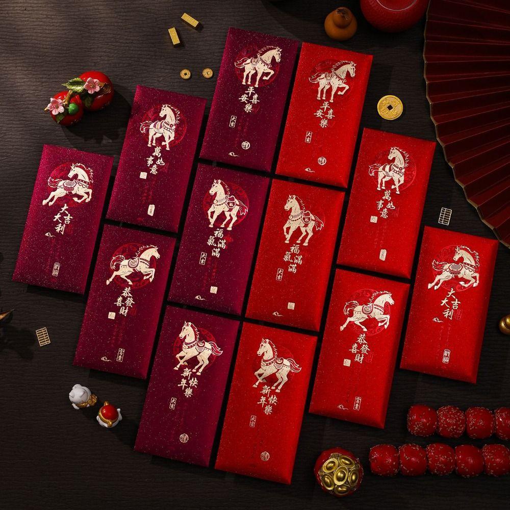 6Pcs Gold Foil Design Red Envelopes Lucky 2026 Luck Money Bag  Year of The Horse