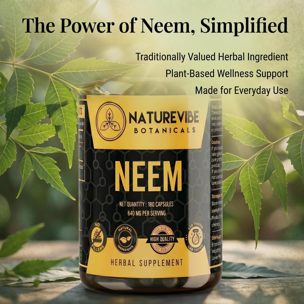 Neem Capsules by Naturevibe Botanicals 180 Veg Capsules | 640 Mg Per Serving | Herbal Neem Supplement | Supports Daily Wellness & Detox Routine |