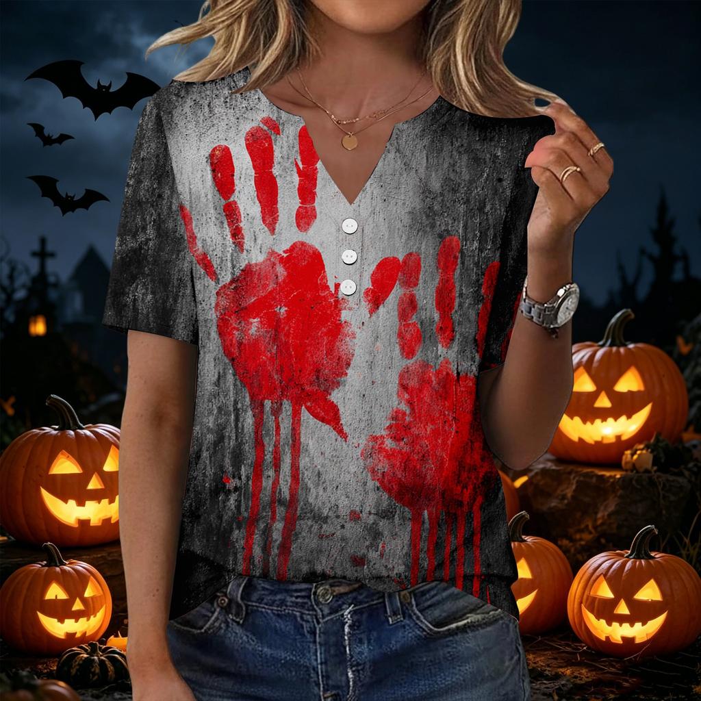 Womens Casual Halloween Printed V Neck Short Sleeve Button Down T Shirt Top for Daily Wear Holiday Party Outfit
