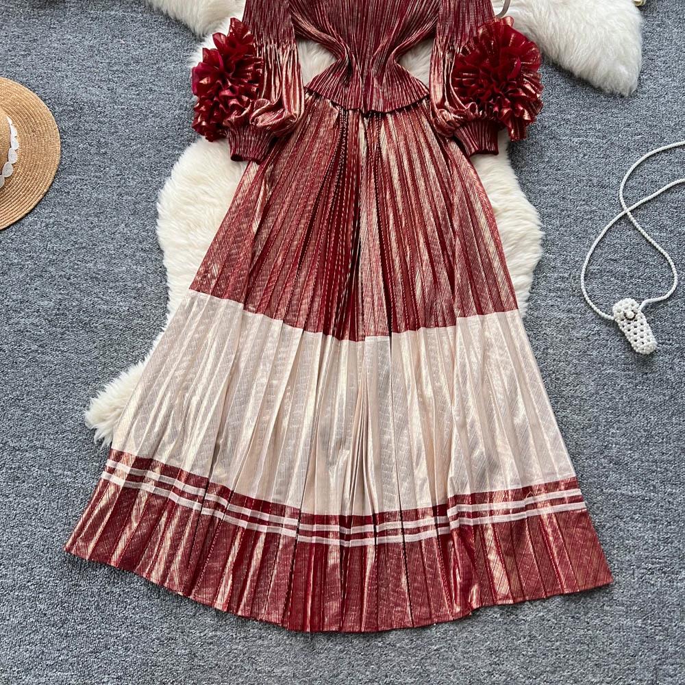 Wiosna Jesień Kobiety Luksus Plus Size Plisy Miyake Kwiat 3D Oversize Luźna Długa Sukienka Maxi Party Plisowana