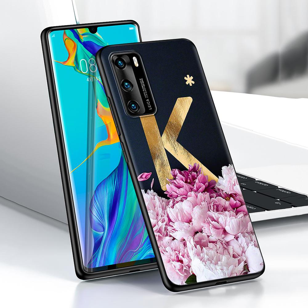 Golden Letter Flower Case for Huawei P30 P Smart Z P40 Lite E P20 Y6 Y7 Y9 2019 Honor 8X Play 9A 50 20 9X Pro Black Soft Cover