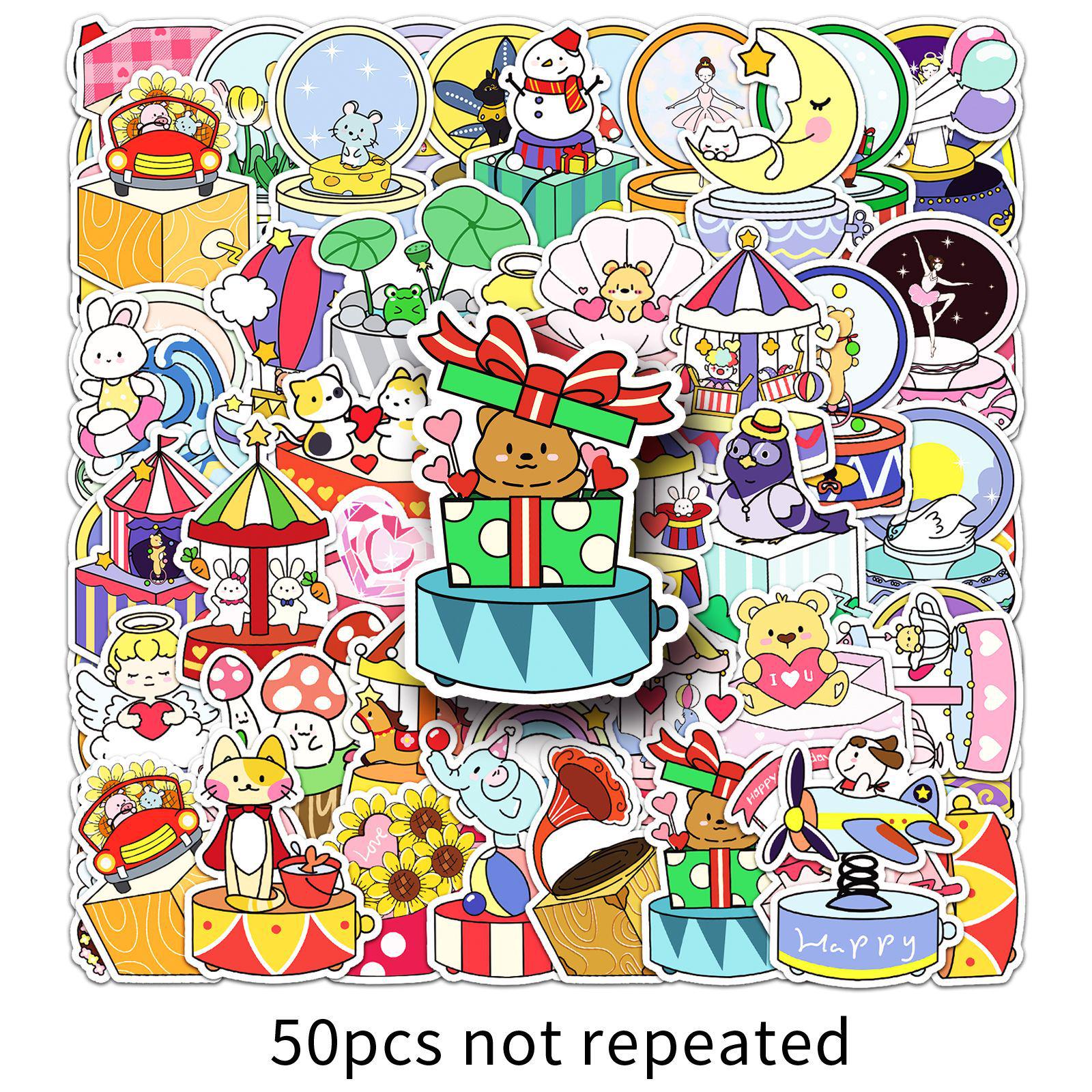 50 Sheets Cartoon Music Box Graffiti Stickers for Kids - Cute Hand-drawn Designs for Phone Cases, Water Bottles, and Toys.