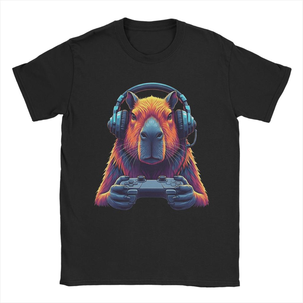 Capybara Gaming Video Game Colorful Capybara Gamer T Shirt Summer  Trending T Shirts Men Pure Cotton O Neck Plus Size Tees
