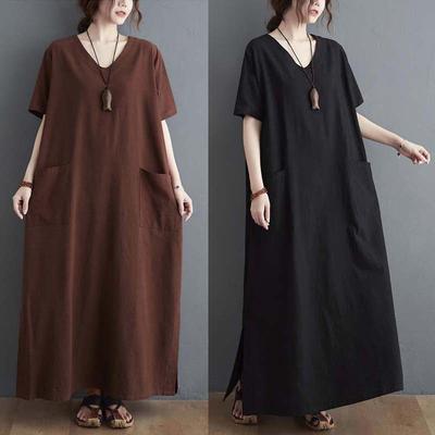 Real Summer New Literary Large Size Loose Solid Color V-neck Short-sleeved Dress Women's Long Dress