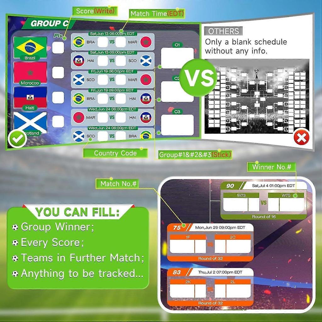 2026 World Football Tournament Extra Large Wall Chart 110 * 80cm, 2Pcs Gift Set with 64 Team Stickers and Predict Champion Cup Winner, Schedule Calend
