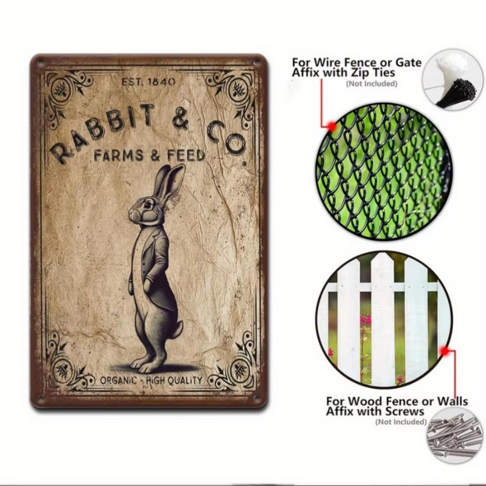 1 szt. Blaszana grafika, Metalowy znak z Zajączkiem Wielkanocnym - "Rabbit & Co". Farms & Feed" | Rustykalna metaloplastyka ścienna na zewnątrz, dekoracja ogrodowa