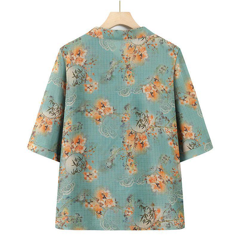 Retro Koszula Bawełniano-Lniana w Kwiaty Plus Size dla Kobiet - Rękaw Siedmiopunktowy, Luźny Krój, Idealna dla Mam w Średnim Wieku i Starszych
