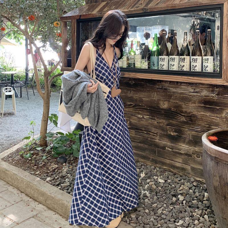 Retro Plaid Halter Women Spring New Collection Waist-cinching Fashionable Long Strap Dress