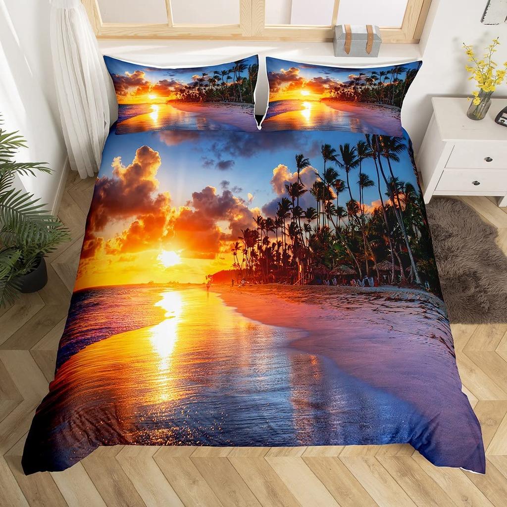 Ocean Beach Palm Tree Duvet Cover Set Sea Wave Polyester Quilt Cover Tropical Leaves Hawaiian Vacation Print For Kid Adult Teen