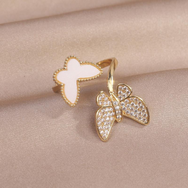 Fashion Jewelry 14K Real Gold Plating Double Butterfly Acrylic Zircon Ring Elegant Women's Daily Opening Adjustable Ring