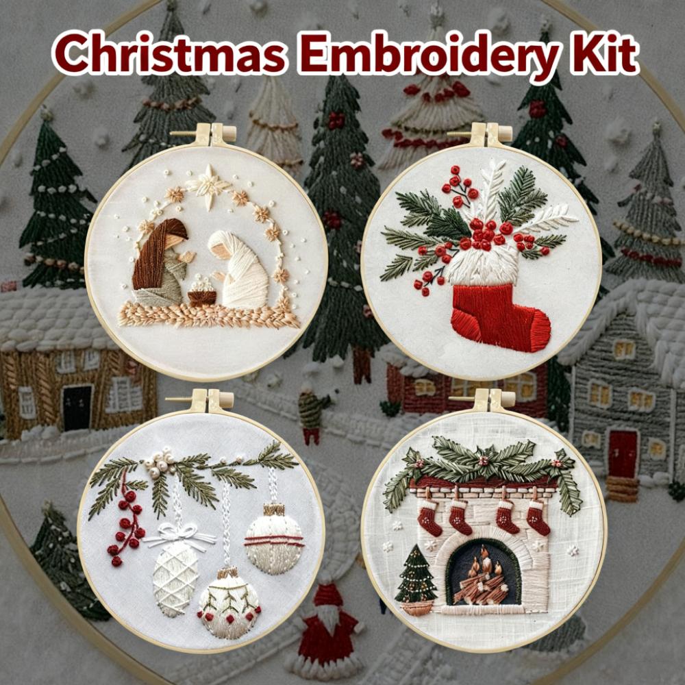 Christmas Embroidery Kit with Circular Embroidery Hoop Color Threads and Needles DIY Cross Stitch Kit for Craft Lover