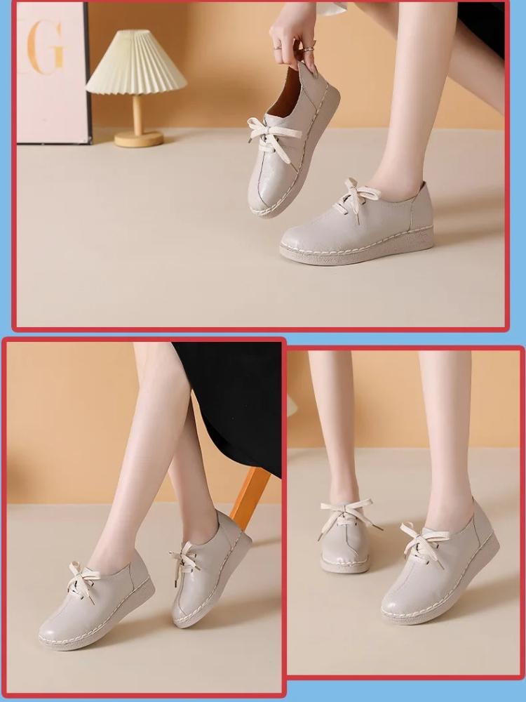 Johnature Genuine Leather Soft Soled Women's Shoes Casual Solid Color Versatile Lace-up Flats