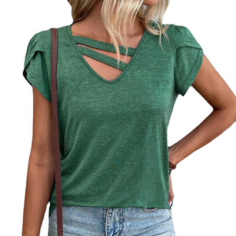 Women's Spring and Summer Solid Color V-neck Blouse Casual Petal Sleeve Loose T-shirt