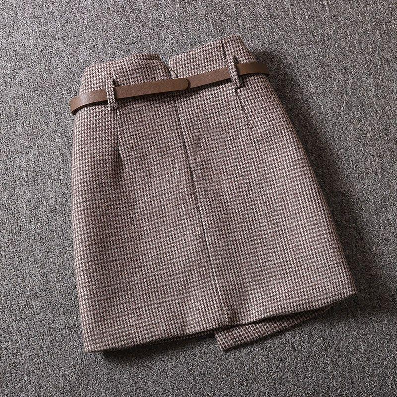 Women Striped Plaid Skirt With Belt 2Color S-XXL Pocket Ladies Short Skirts