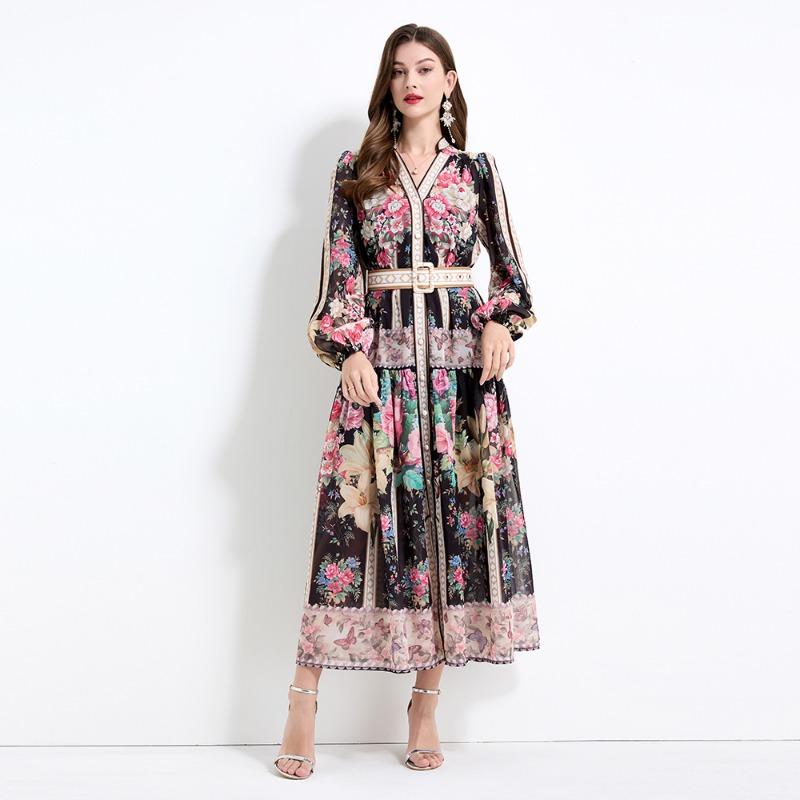 Summer Autumn Women V-neck Vintage Print Chiffon Runway Dress Single Breasted Long Maxi Oversize Vacation Beach Dresses with Belt