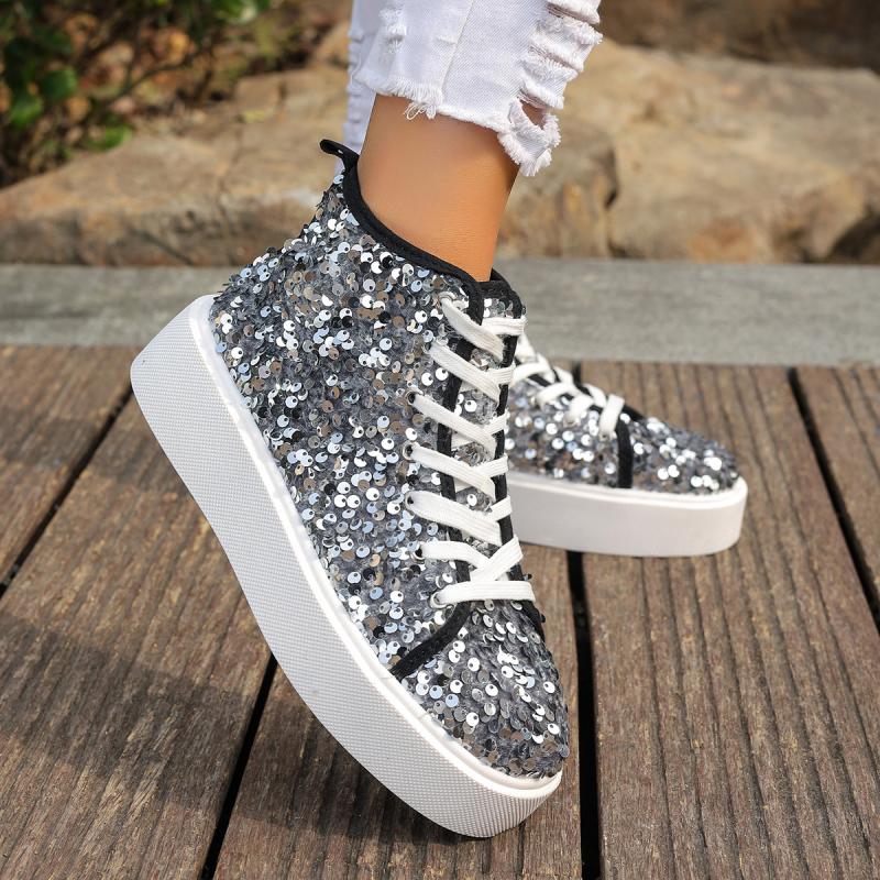 Luxury Sequined Thick Bottom Skate Shoes Women 2025 Autumn Round Toe Lace Up Casual Shoes Comfort Soft Sole Non Slip Sneakers